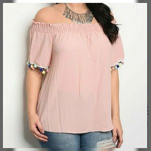 Blush Pink Off The Shoulder Pom Pom Top